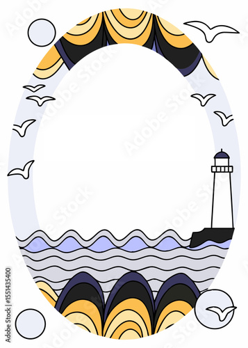Nautical oval frame with anchors, shells, waves, and lifebuoy. Great for marine-themed promotions, travel branding, sea events, and beachside designs.
