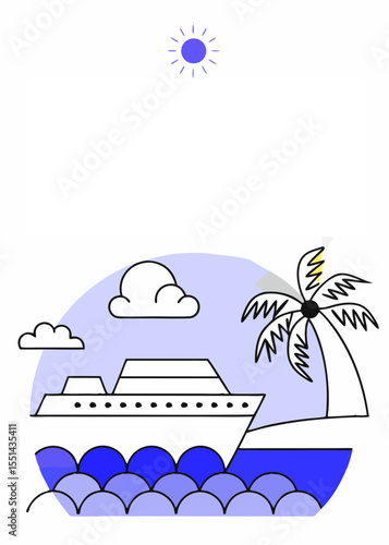 Flat vector banner with a ship, mountains, clouds, and a palm. Perfect for travel agency ads, cruise promotions, and vacation marketing visuals. Clean, adventurous look.