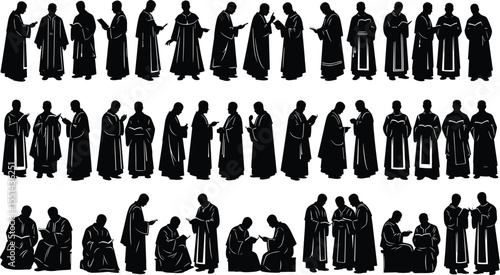 Silhouette of monks, reading, praying, religious figures, group of friars, spiritual discussion, Catholic robes, Christian tradition, black and white vector, monastery life, worship illustration