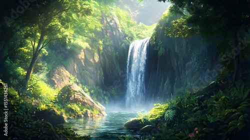 Waterfall in Lush Forest: Serene Natural Landscape Photography