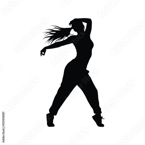 Female Hip Hop Dancer Silhouette Dynamic Pose Black and White Vector Illustration