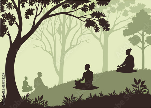 Meditating Figures in a Forest Silhouette Mindfulness and Spiritual Practice in Nature