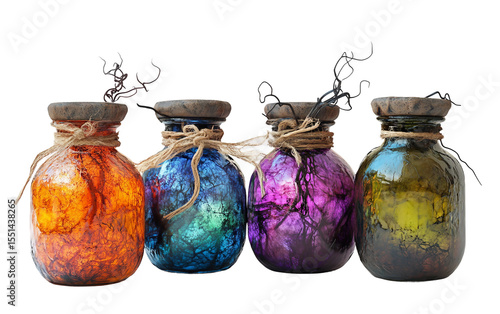 Assorted set of enchanted potion bottles with glowing liquids and mysterious contents styled with witchy elements for a spooky theme isolated on transparent background PNG