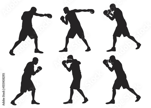 Six Boxer Silhouettes in Various Poses on White Background for Sports Design