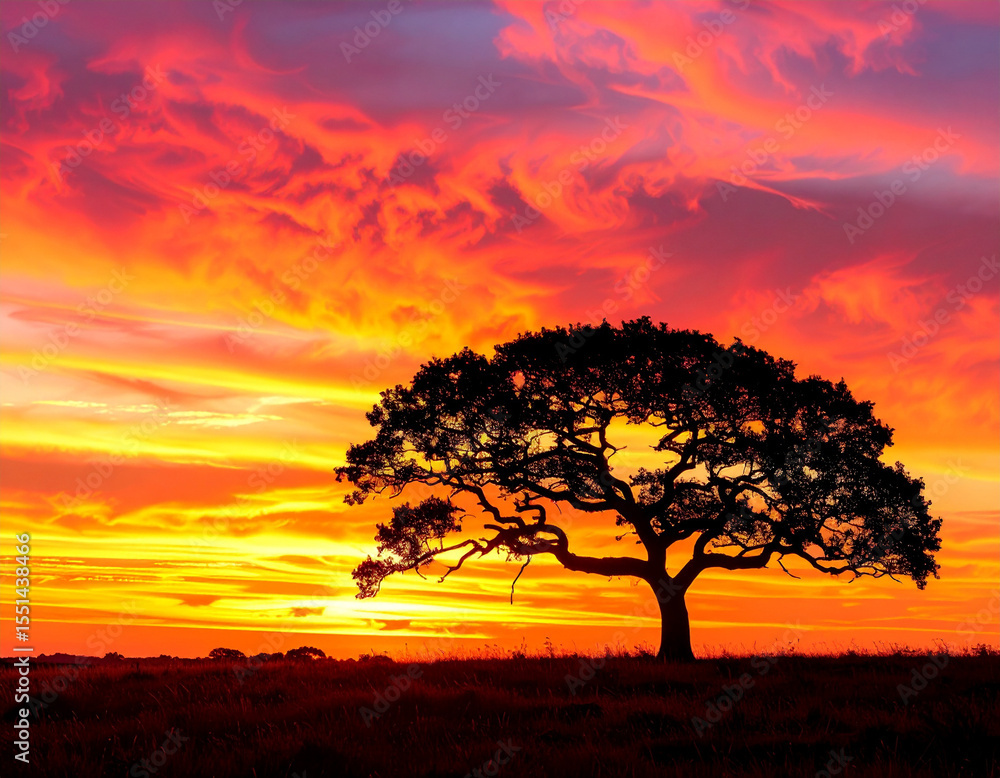 The strong silhouette of a lone, gnarled tree stands against a vibrant, fiery sunrise sky. The strong silhouette of a lone, gnarled tree stands against a vibrant, fiery sunrise sky.