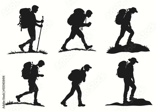 Silhouette collection of hikers with backpacks walking on trails in different poses and elevations