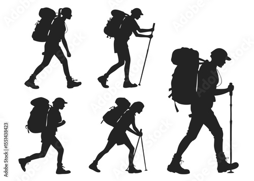 Silhouette Set of Hikers with Backpacks and Trekking Poles on White Background