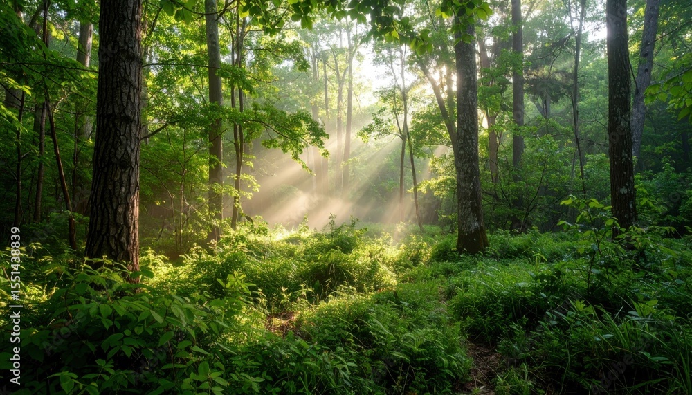 Obraz premium Sunlight Streams Through Lush Forest
