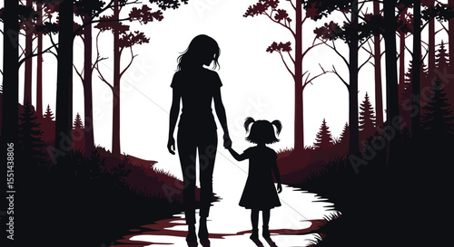 Mother daughter forest walk silhouette, bonding moment illustration, child holding hand, nature scene, parenting love, peaceful woods, sunset light, family time, emotional art print