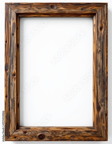 A realistic depiction of an old rustic wooden picture frame, isolated on a white background