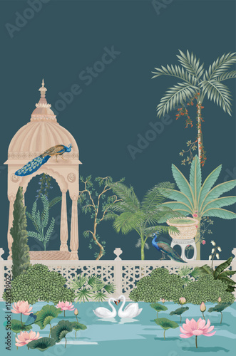 Mughal garden with peacock temple lotus swan lake and plants illustration for invitation