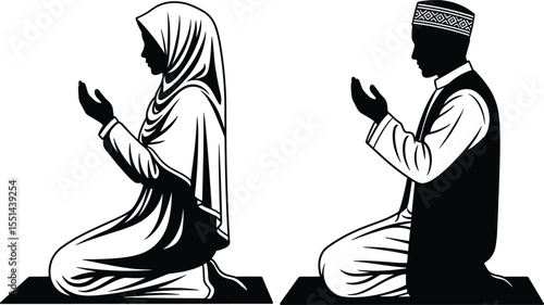 Muslim man woman praying silhouette, Islamic prayer illustration, couple worship graphic, black white vector art, religious devotion design, faith spirituality Islam clipart image download
