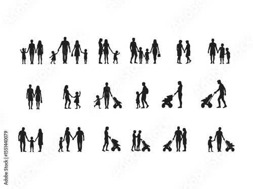 Diverse family silhouettes walking and with strollers