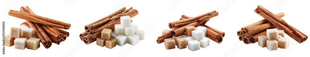 Aromatic cinnamon stick with raw sugar cubes, culinary spice for a delicious food ingredient, PNG set with transparent background Aromatic cinnamon stick with raw sugar cubes, culinary spice for a delicious food ingredient, PNG set with transparent background