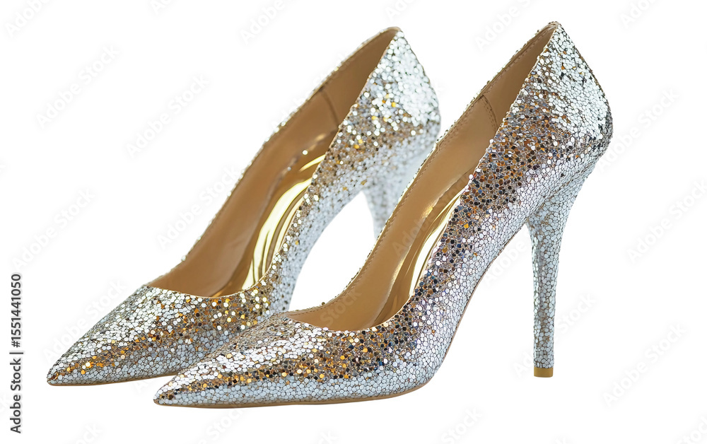 Glamorous glitter-covered shoes in silver and gold tones showcasing festive fashion perfect for ringing in the New Year isolated on transparent background PNG Glamorous glitter-covered shoes in silver and gold tones showcasing festive fashion perfect for ringing in the New Year isolated on transparent background PNG