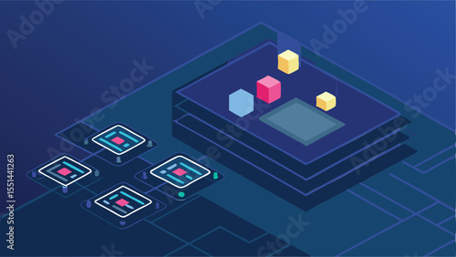 Virtual Hackathon Command Room With Floating - Futuristic Isometric Illustration