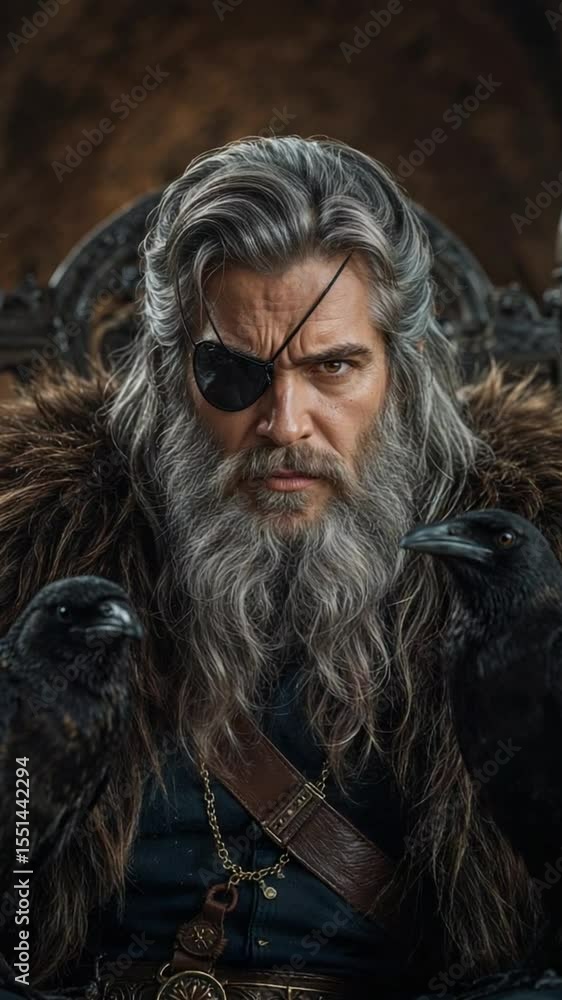 Norse God Odin Seated on His Throne, Flanked by Ravens Norse God Odin Seated on His Throne, Flanked by Ravens