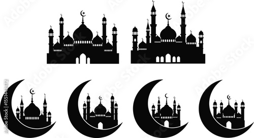 Islamic mosque silhouette collection, crescent moon emblem, Ramadan Eid greeting vector, black religious skyline icons, Muslim architecture design, holy night art,