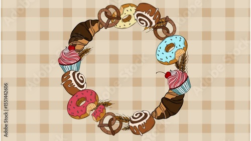 Screensaver video animation Sweet bakery goods wreath for social media background wallpaper with different types of baking products, confectionery. Bakery shop and cafeteria restaurant decoration