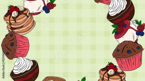 Screensaver video animation Sweet bakery goods wreath for social media background wallpaper with different types of baking products, confectionery. Bakery shop and cafeteria restaurant decoration