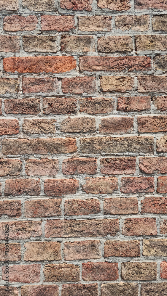 Fototapeta premium A full-frame, textured close-up reveals an old, rustic brick wall with weathered, varied-colored bricks and visible mortar lines, forming a classic pattern