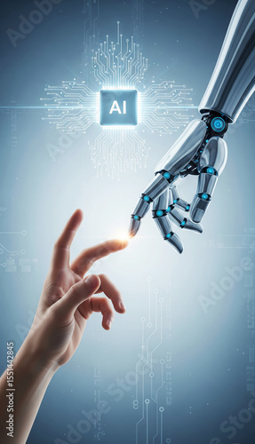 Human and Robot Hands Reaching Toward AI Chip Futuristic Technology Concept