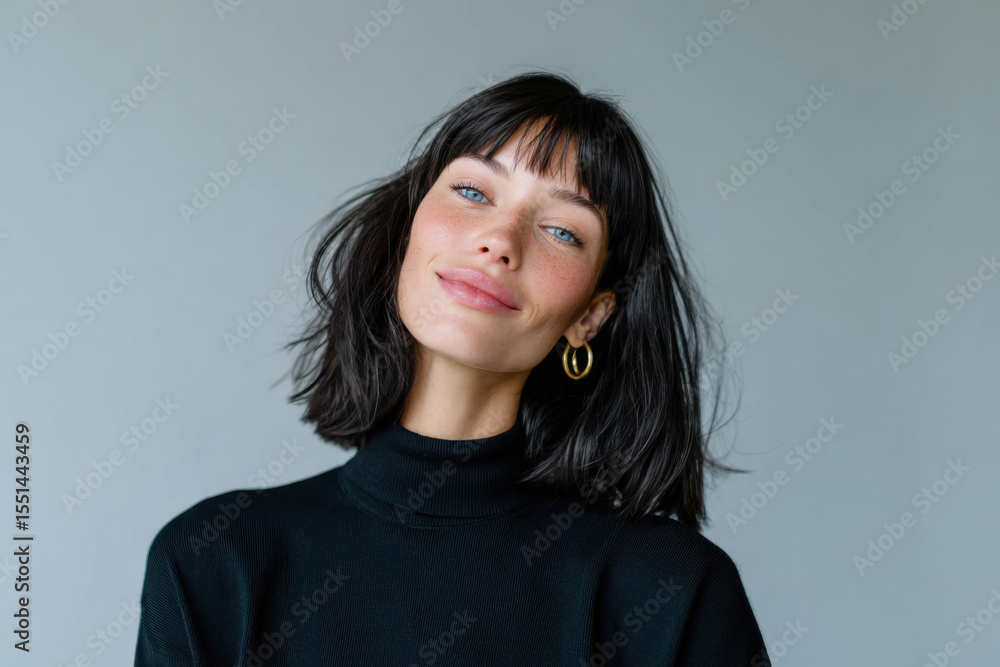 Young woman with freckles smiling and showing confidence Young woman with freckles smiling and showing confidence