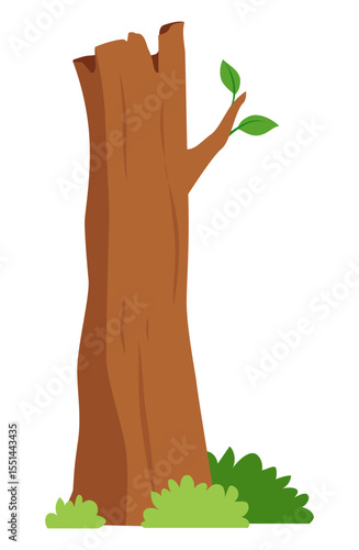 Illustration of a Bare Tree Trunk with New Growth and Bushy Greenery at its Base