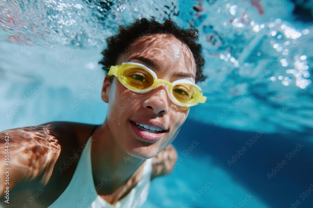 Fototapeta premium Swimmer smiling underwater wearing yellow goggles in swimming pool