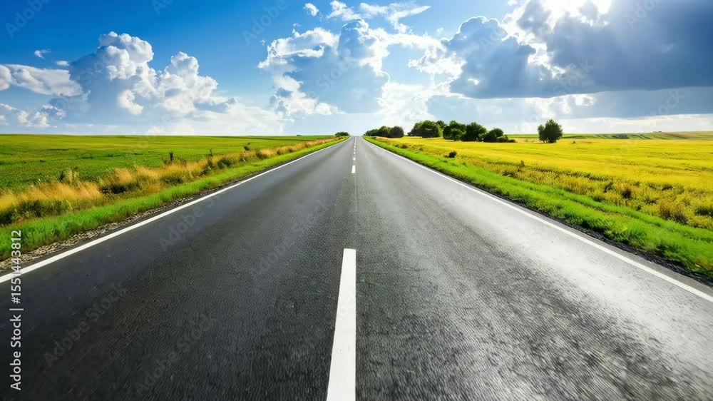 Scenic view of an empty asphalt road extending through fields of green and yellow under a blue sky with fluffy white clouds Scenic view of an empty asphalt road extending through fields of green and yellow under a blue sky with fluffy white clouds