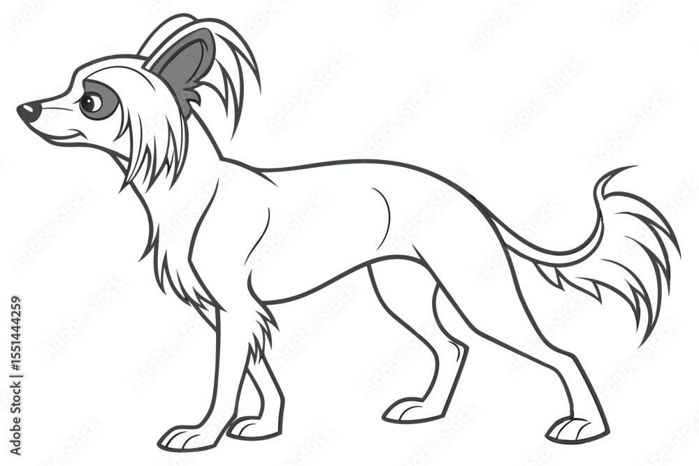 Fototapeta premium Chinese Crested Dog Line Art Illustration of a Hairless Breed with Tufted Head and Tail Viewed from the Side