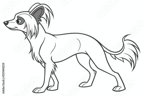 Chinese Crested Dog Line Art Illustration of a Hairless Breed with Tufted Head and Tail Viewed from the Side
