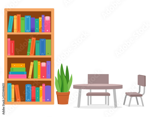 Illustration of a bookshelf with books, a table, chair and plant on white background.