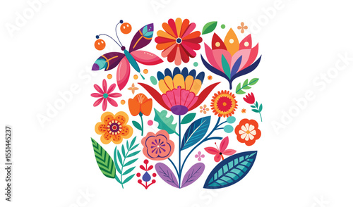 Vibrant folk art inspired floral arrangement with a butterfly and colorful blooming flowers