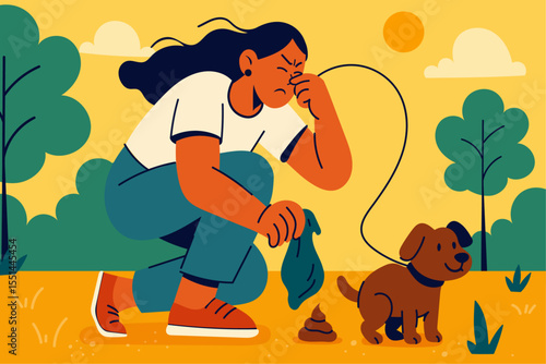 woman holding a poop bag and pinching her nose while picking up after her dog in a sunny park