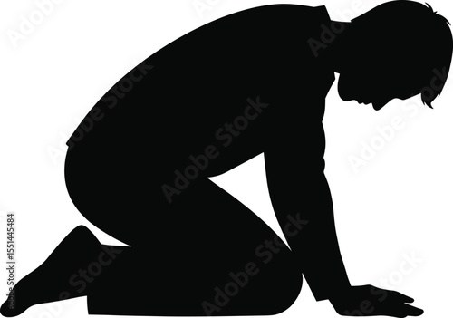 Man kneeling silhouette in prayer position, black figure isolated, worship and meditation pose, religious devotion concept, spiritual humility icon for design, print, or illustration.