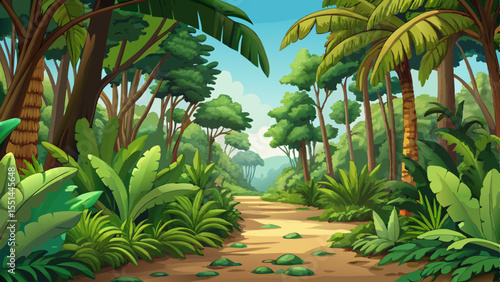 Lush jungle path surrounded by giant ferns and tall palm trees vector, ideal for adventure, nature exploration, or tropical travel concepts