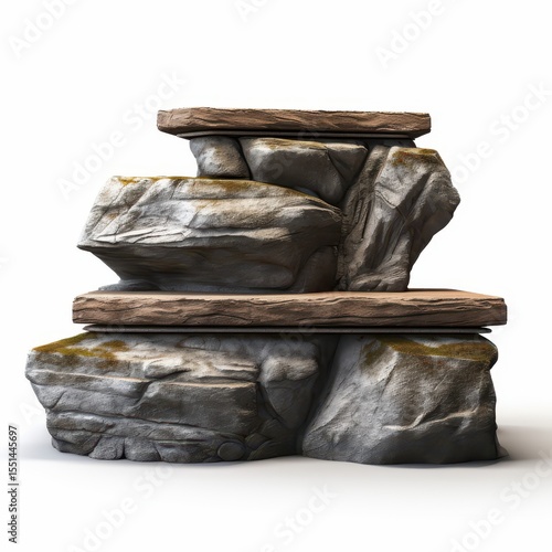 Stacked rock formation with wooden planks outdoor nature scene 3d render serene environment isometric view