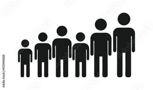 Silhouettes of people of different heights arranged in ascending order on a white background
