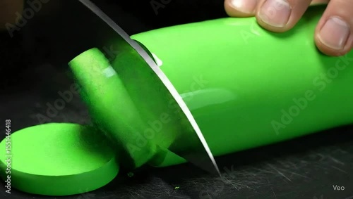 4K macro close-up of a green cylinder sliced with precision. Designed for satisfying and ASMR content with vibrant color, soft texture, and glossy finish.