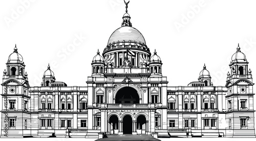 Historic architecture vector of Victoria Memorial, famous Indian landmark building illustration, heritage monument in Kolkata, colonial-era structure detailed 
