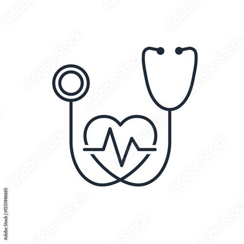 Stethoscope, heart, cardiogram. Preventive health care. Vector linear icon illustration isolated on white background.