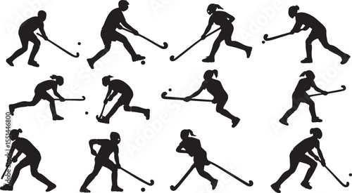 Field Hockey Players Silhouettes in Various Poses on a White Background