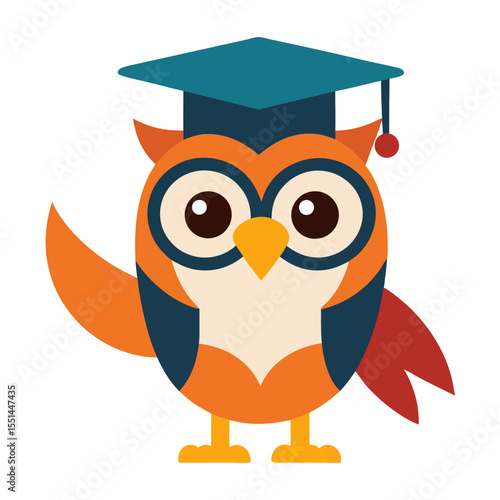Cute owl in graduation cap points something with wing vector icon on white background.