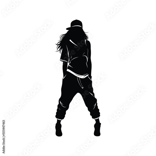 Silhouette of a female hip hop dancer stylish streetwear black and white vector illustration