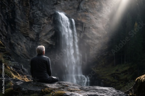 man sitting by waterfall in light, peaceful wilderness view, concept for mindfulness or retreat