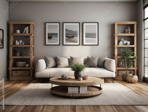 White sofa with fringed pillows and knitted blanket. Boho home interior design of modern living room