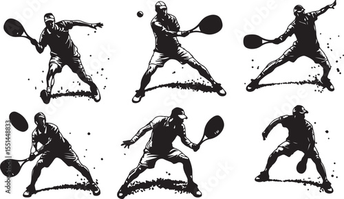 Black and white vector illustration of tennis player in action poses