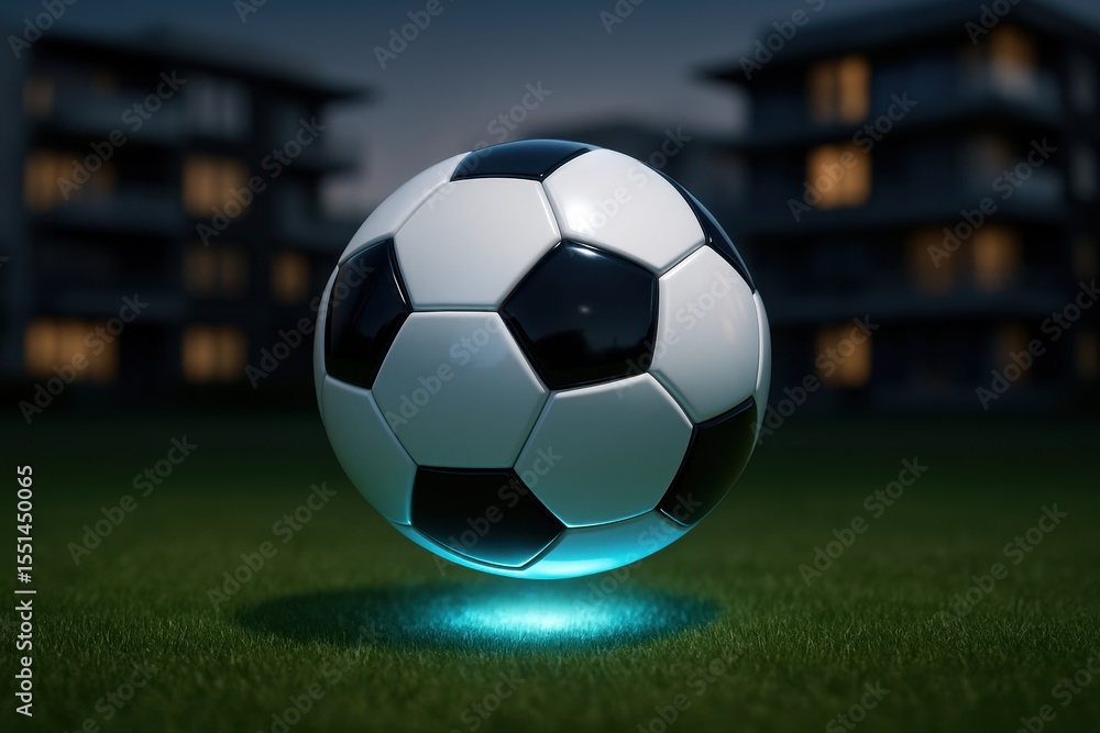 Obraz premium Glossy futuristic black and white soccer ball floating above green grass with a blue glow at night