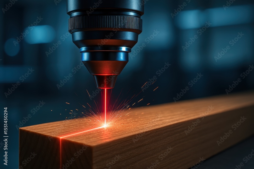 Precision laser cutting machine engraving wood with glowing red light and bright sparks Precision laser cutting machine engraving wood with glowing red light and bright sparks